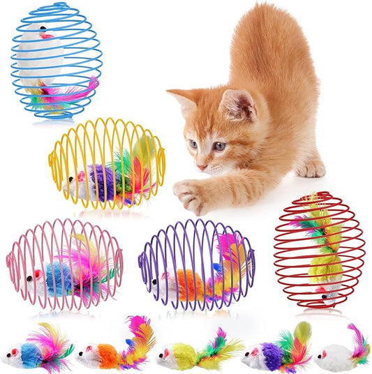 Jecery 5 Pcs Cat Spring Balls Stretchable Springs Toys Rolling Balls Colorful Playful Coils Interactive Spring Action Toy Caged Rats for Kitten Cat Pet Supplies Indoor (Cute Mouse,Bright Color)
