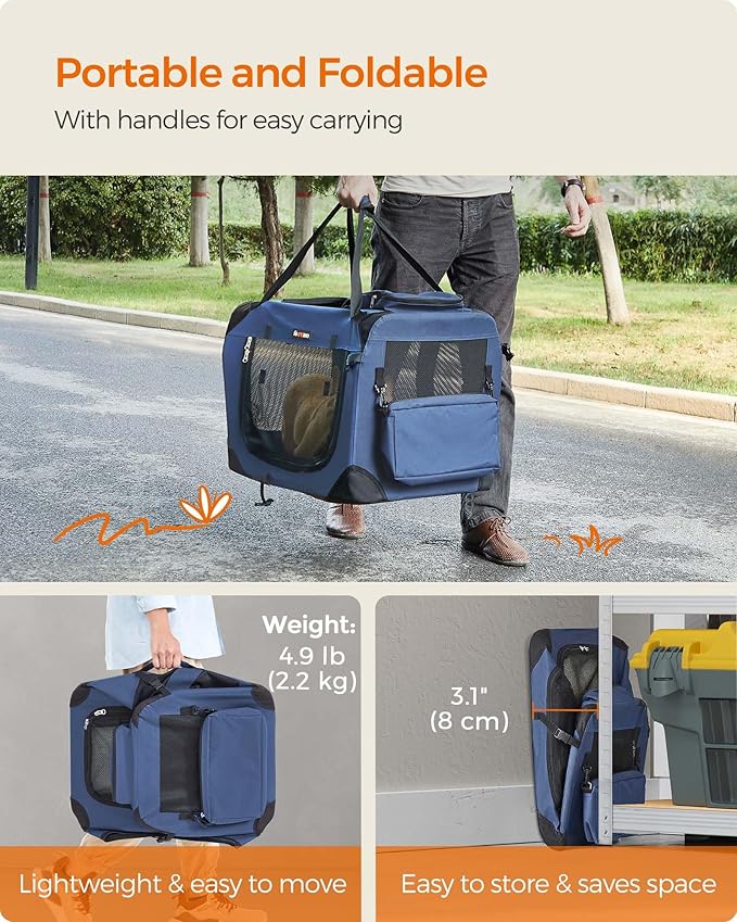 Feandrea 24 Inches Collapsible Soft Dog Crate, Portable Travel Dog Crate for Indoor and Outdoor Use, Dog Carrier Kennel with Safety Zippers, for Living Room, Car, Travelling, Campin, Dark Blue UPDC60Z