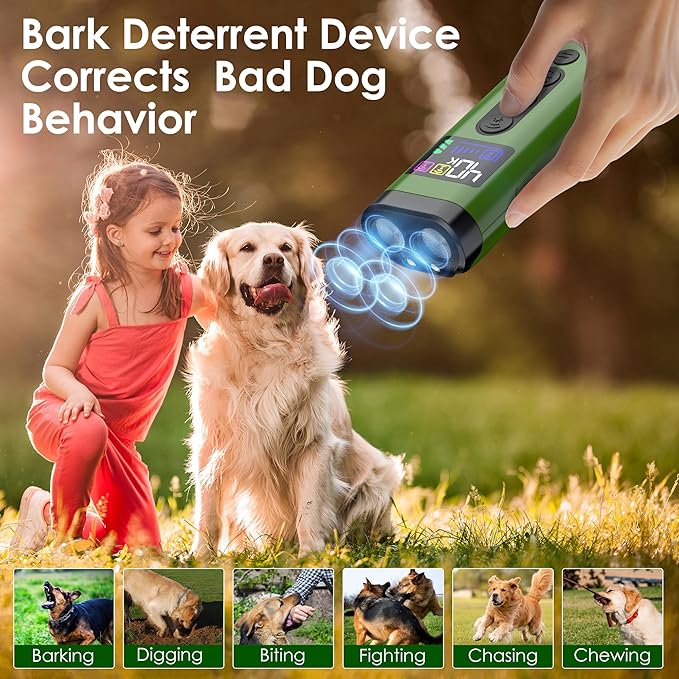 Dog Bark Deterrent Device, 65 FT Range,3X Ultrasonic Bark Deterrent Device & Ultrasonic Dog Trainer - Anti-Barking Device with Color Display, Safe & Effective Alternative to Bark Collars - Green