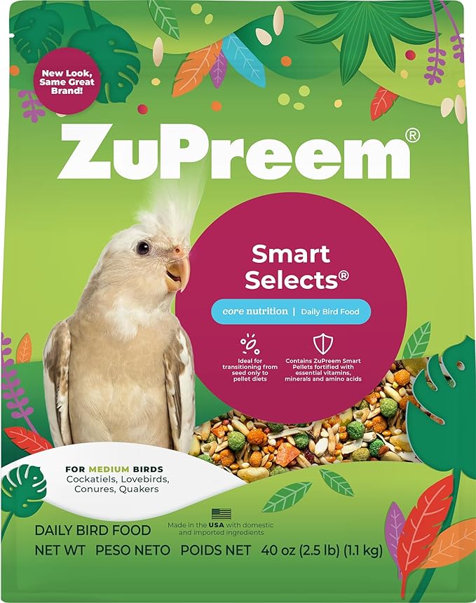 ZuPreem Smart Selects Pellets & Seed Blend, Daily Food for Cockatiel, Lovebird, Quaker, Conure, Lorikeet, Core Nutrition Food for Medium Birds, Essential Vitamins, Conure Feed (M, 2.5 lbs)