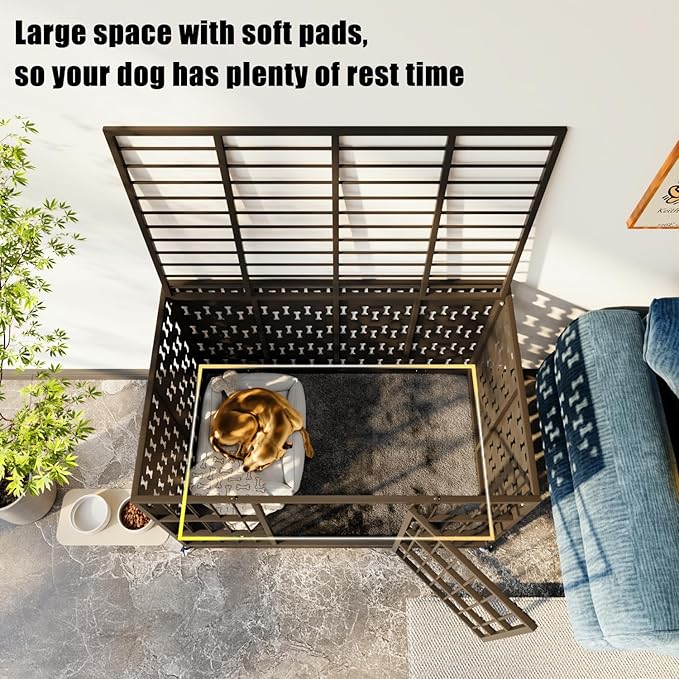 LEMBERI 48/42 inch Indestructible Heavy Duty Dog Crate, High Anxiety Extra Large Dog Cage for Large Dogs, XL Steel Escape Proof Dog Kennel with Cushion and Wheels (Black, 42.5''L*29.9''W*34.46''H)