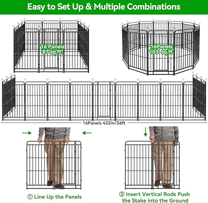 Dog Playpen Outdoor 16 Piece Panels Heavy Duty Dog Fence 47" Height with Thick Pipe Anti-Rust with Doors Portable for RV Camping Yard, Total 36FT, 103 Sq.ft, Snowy Black