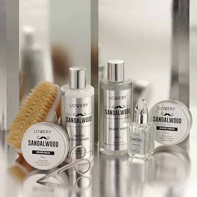 Mens Gifts, Sandalwood Beard Grooming Kit, Mens Grooming Kit for Boyfriend Dad, Him, 11pc Beard Straightener for Men Beard Care, Beard Growth and Trimming Gift, Beard Wash Growth Oil & More