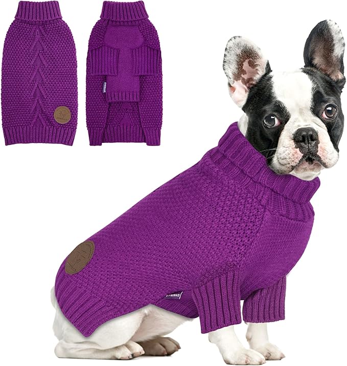 cyeollo Dog Sweater Pullover Turtleneck for Dogs, Classic Knitwear Fall Winter Cold Weather Dog Clothes Warm Pet Apparel Small Dogs Sweaters, Purple L