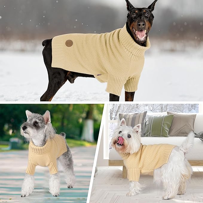 cyeollo Dog Sweater Turtleneck Knitted Sweaters with Leash Hole Winter Dog Clothes Sweaters for Small Dogs Beige