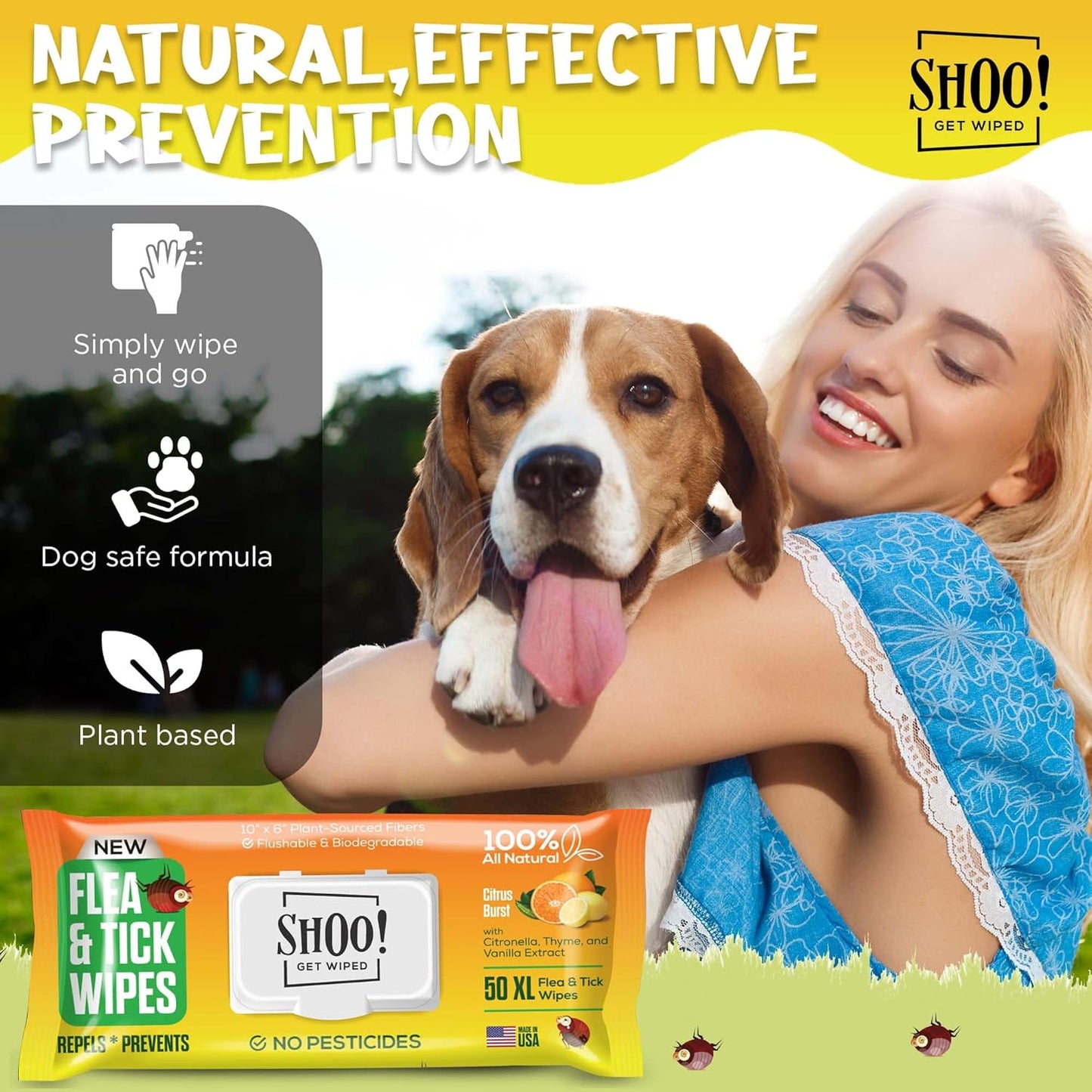 Shoo! Flea & Tick Wipes for Dogs | Convenient, Easy On-The-Go Protection | Plant Based, Natural Oils, Chemical Free | Repels & Prevents | 50 XL Wipes | (Citrus Burst)