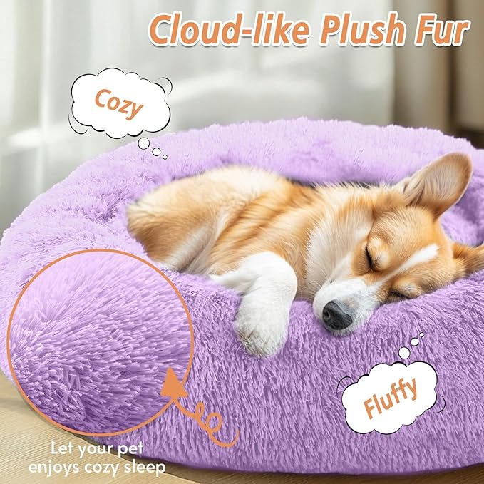 JOLLYVOGUE Calming Dog & Cat Bed for Small Dogs, Anti-Anxiety Donut Cuddler Cozy Soft Round Bed with Anti-Slip Bottom, Fluffy Faux Fur Plush Cushion Beds for Small Medium Pets (20")