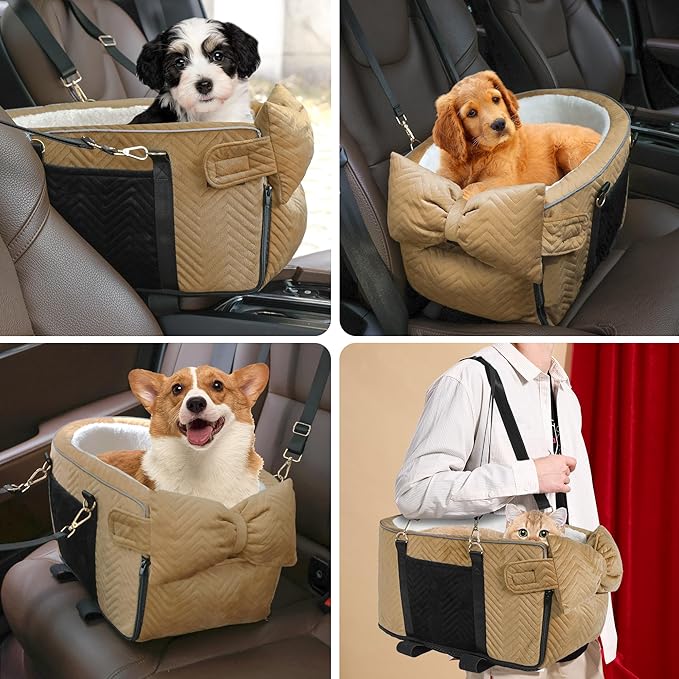 Dog Car Seat for Small Dogs Adjustable Portable Center Console Dog Car Seat Removable Cat Booster Cars Seats - Safety Belt with Cushion Anti-Collapse for Puppy Kitten Up to 15 Lbs