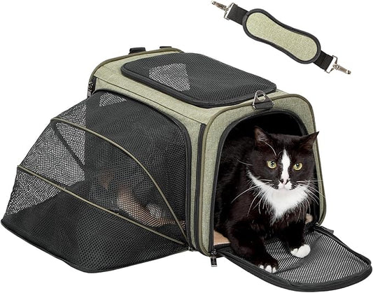 Petsfit Expandable Cat Carrier Dog Carrier,Airline Approved Soft-Sided Portable Pet Travel Washable Carrier for Kittens,Puppies,Removable Soft Plush mat and Pockets,Locking Safety Zippers