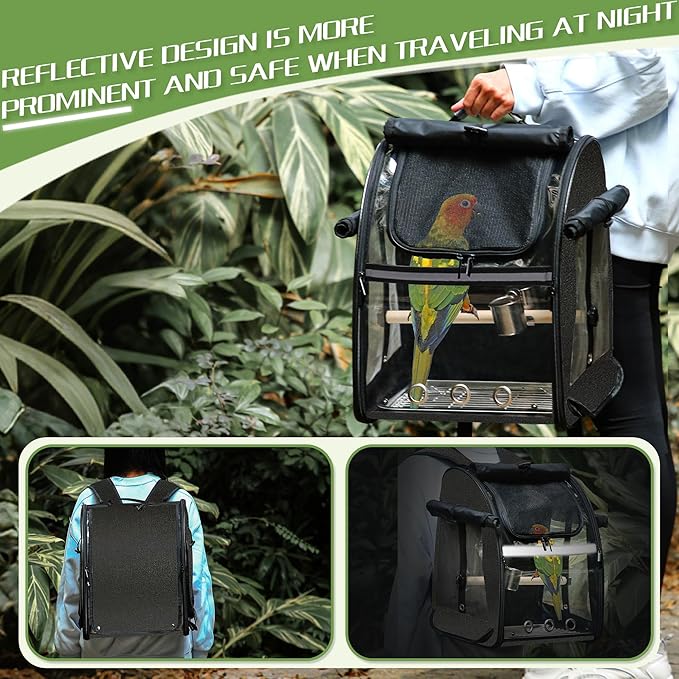 Sanmoncare Bird Carrier Backpack with Stainless Steel Mesh, Parrot Travel Cage with Stand, Easy to Clean, Portable Conures Travel Bag, Pet Breathable Travel Cage