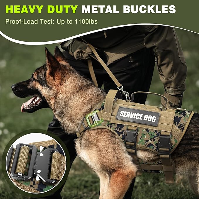 WINSEE Service Dog Vest Harness for Large Dog, Tactical Working MOLLE Vest with 10 Pet Patches, No Pull Heavy Duty Harness for Training Walking