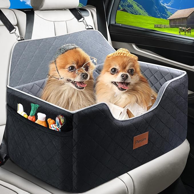 Dog Car Seat for Large-Medium Dogs: Pet Car Seat, Detachable Washable Dog Booster Seat, Pet Travel Bed with Storage Pockets and Dogs Safety Belt (Black, Large)
