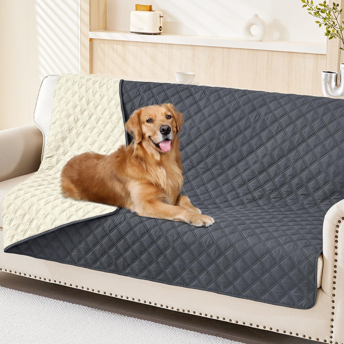 Smiry Waterproof Dog Bed Cover Pet Blanket, Soft Washable Dog Blanket for Furniture Bed Couch Sofa Reversible, Checkered (68"x82", Dark Grey/Beige)
