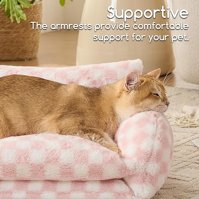 Hollypet Cat Bed Fluffy Plush Mutifuctional Double-Layer Soft Pet Couch Orthopedic Sofa Nest Beds for Small Cats and Dogs, Pink and White (21x15x8 inch)