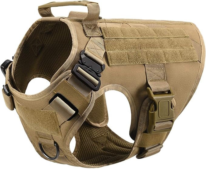 Tactical Dog Harness with Handle Collar and Leash Set Dog Vest Harness No Pull Dog Harness with Patches Adjustable Buckles for Dogs (Khaki, Medium)