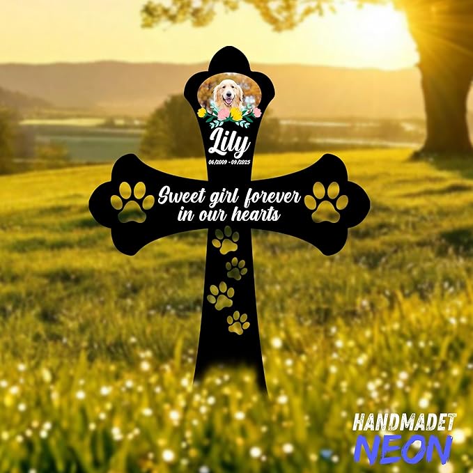 Personalized Dog Memorial Cross Garden Stake with Photo, Custom Picture UV Printed Metal Grave Marker, Image in Loving Memory Outdoor Decor Pet Loss Sympathy Gifts for Dogs Lover