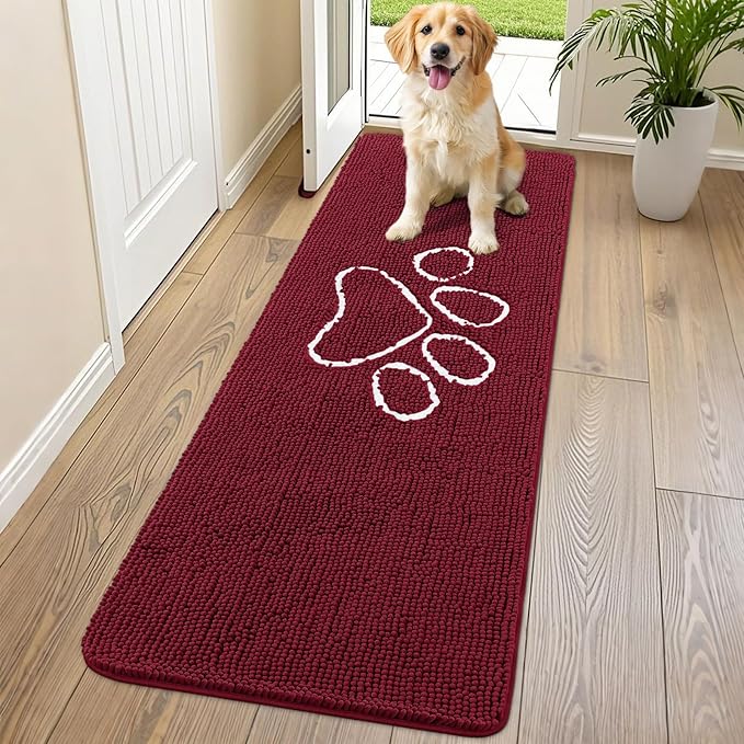 Smiry Dog Door Mat for Muddy Paws, Absorbent Dirt Trapper Non Slip Quick Dry Washable Chenille Mat for Mud Dogs, Entry Rug for Indoor and Outdoor (70x24 Inches, Burgundy)