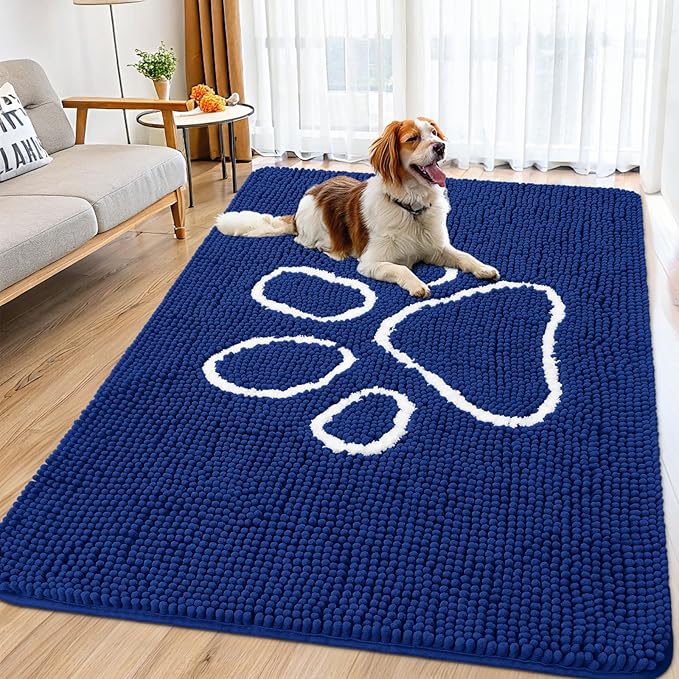 Smiry Dog Door Mat for Muddy Paws, Absorbent Dirt Trapper Non Slip Quick Dry Washable Chenille Mat for Mud Dogs, Entry Rug for Indoor and Outdoor (71x46 Inches,Navy Blue)