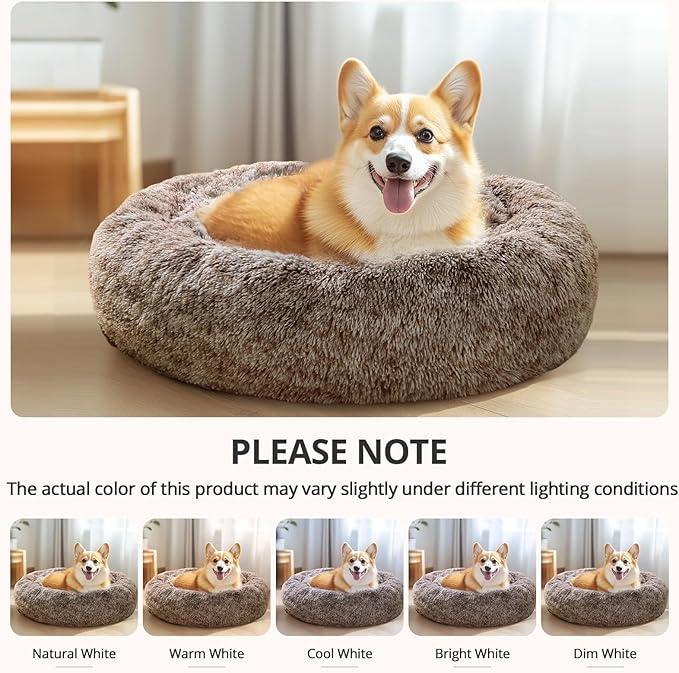 JOLLYVOGUE Medium Calming Dog Bed, Anti-Anxiety Donut Cuddler Cat Bed with Anti-Slip Bottom, Fluffy Faux Fur Machine Washable Pet Cushion for Medium Large Dog & Cat, 31"/Smoke Brown