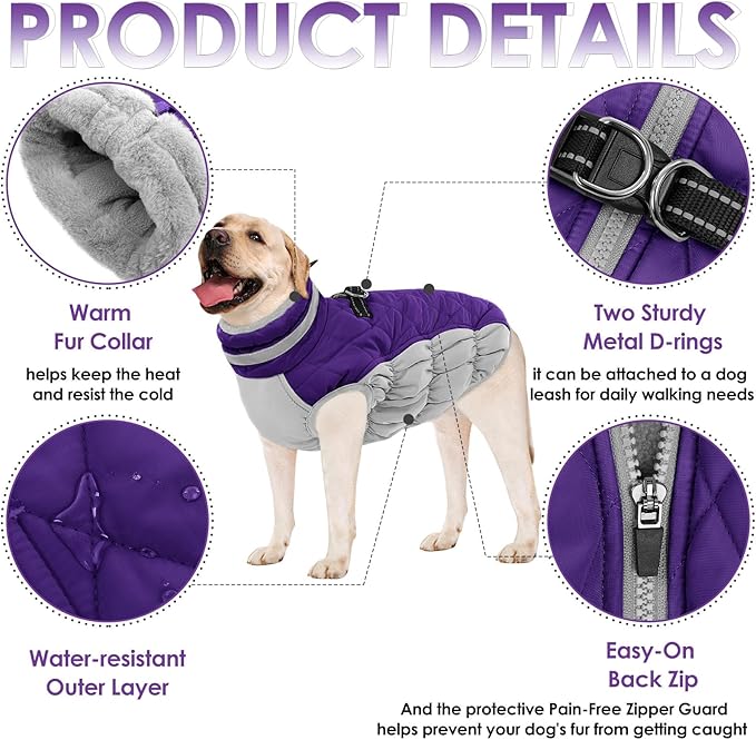 AOFITEE Dog Coat, Warm Dog Winter Coat for Small Dogs, Reflective Turtleneck Dogs Jacket with Harness Built in, Waterproof Windproof Pet Fleece Vest Snow Jacket for Cold Weather, Purple S