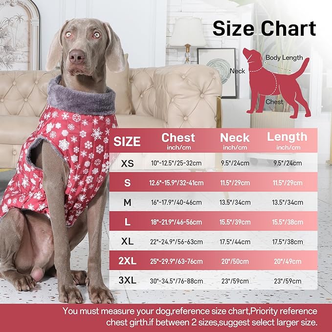 Warm Fleece Dog Coats with Durable Harness Buitl in D-Ring,Waterproof Doggie Jacket for Medium Dogs,Dog Vest for Cold Winter,Red,Snow Pattern L
