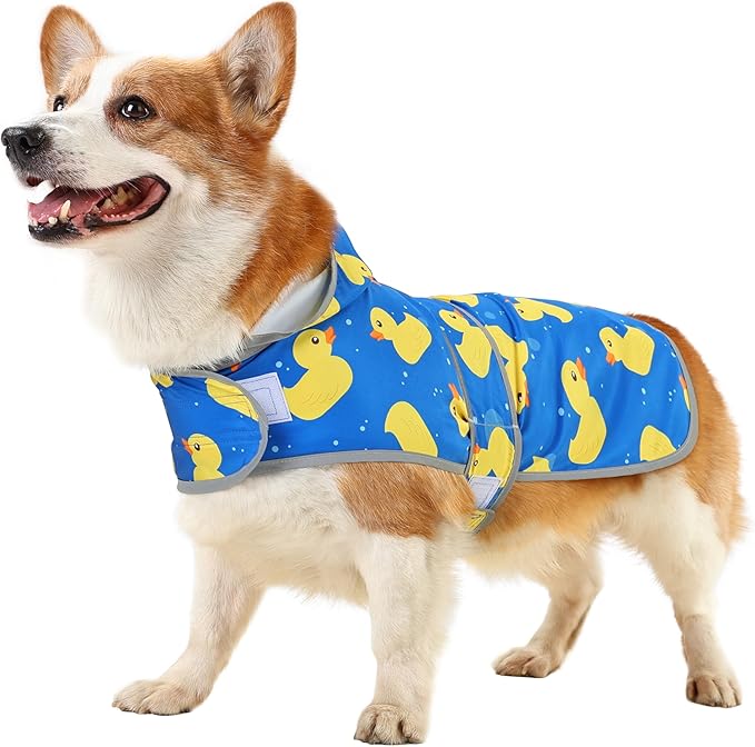 Dog Raincoat for Medium Dogs Waterproof Hooded Rain Jacket with Reflective Strips Leash Hole & Poncho Adjustable Fit (ShinyDuck,L)