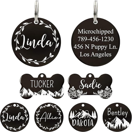 UltraJoys Stainless Steel Pet ID Tag Dog Name Tags Personalized Front and Back Engraving, Customized Dog Tags and Cat Tags, Optional Engraved on Both Sides, Round Tag with Vine Design, Small Black