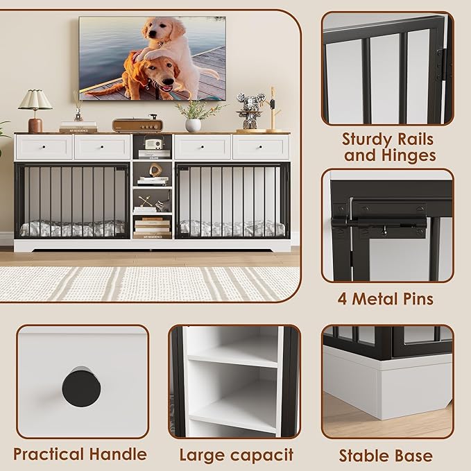 GarveeHome 82" Double Dog Crate Furniture, Large Dog Kennel Indoor for 2 Dogs, Heavy Duty Wooden Dog Crate TV Stand with 4 Drawers and Shelves, White/Brown