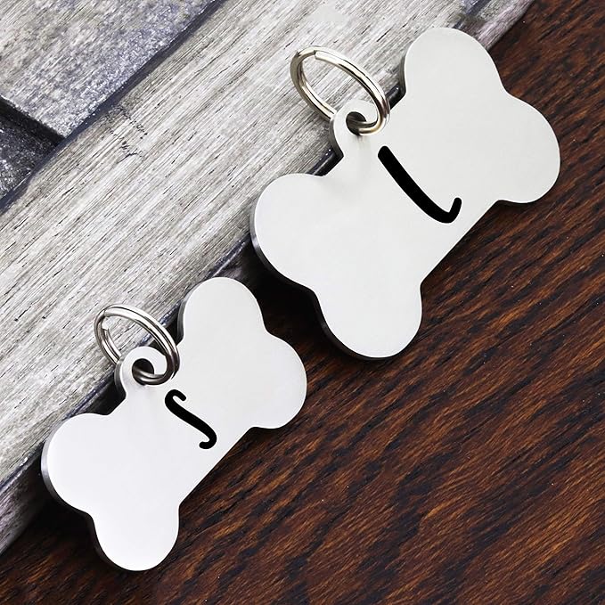 Ultra Joys Stainless Steel Pet ID Tag Dog Name Tags Personalized Front and Back Engraving, Customized Cat Tags, Optional Engraved on Both Sides, Bone Floral Design, Silver Small, Silver-bone-floral