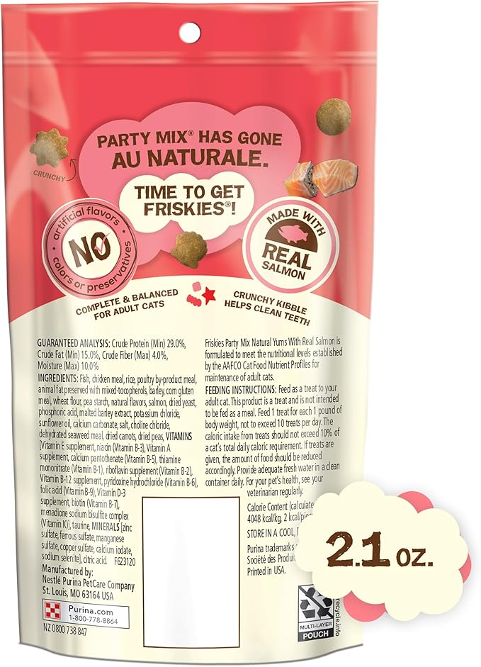Purina Friskies Natural Cat Treats, Party Mix Natural Yums With Real Salmon and Vitamins, Minerals & Nutrients - (Pack of 10) 2.1 Oz. Pouches