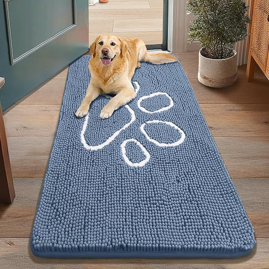 Smiry Dog Door Mat for Muddy Paws, Absorbent Dirt Trapper Non Slip Quick Dry Washable Chenille Mat for Mud Dogs, Entry Rug for Indoor and Outdoor (48x30 Inches, Airy Blue and White)