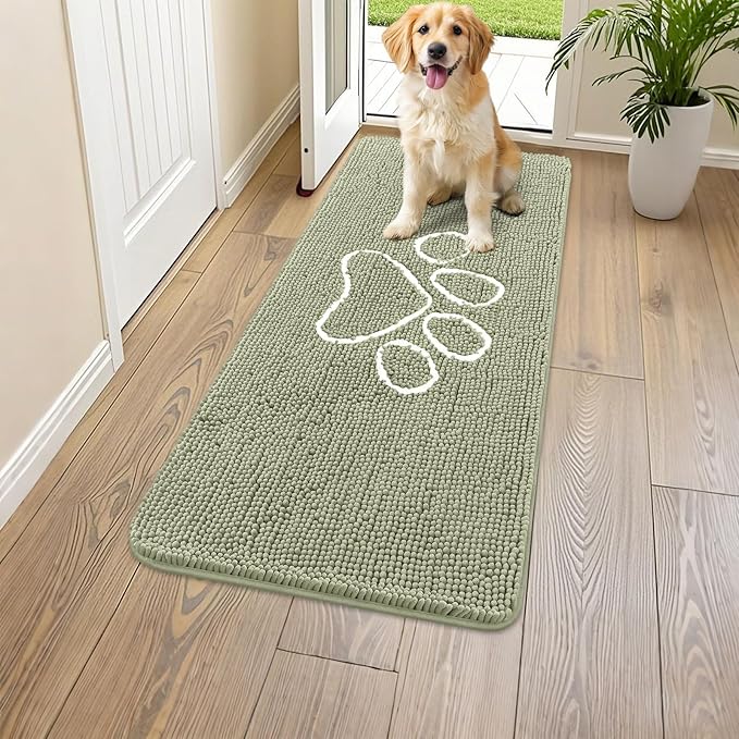 Smiry Dog Door Mat for Muddy Paws, Absorbent Dirt Trapper Non Slip Quick Dry Washable Chenille Mat for Mud Dogs, Entry Rug for Indoor and Outdoor (47x24 Inches, Sage Green)