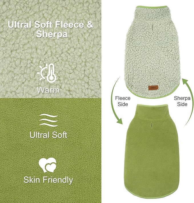 cyeollo Warm Dog Coat Fleece Sherpa Winter Sweater Coats, Turtleneck Jacket Vest for Small Medium Large Dogs with Leash Hole, Soft Reversible Dog Coats for Cold Weather, Green, XXL