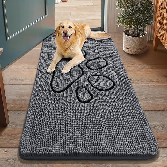 Smiry Dog Door Mat for Muddy Paws, Absorbent Dirt Trapper Non Slip Quick Dry Washable Chenille Mat for Mud Dogs, Entry Rug for Indoor and Outdoor (48x30 Inches, Dark Grey and Black)
