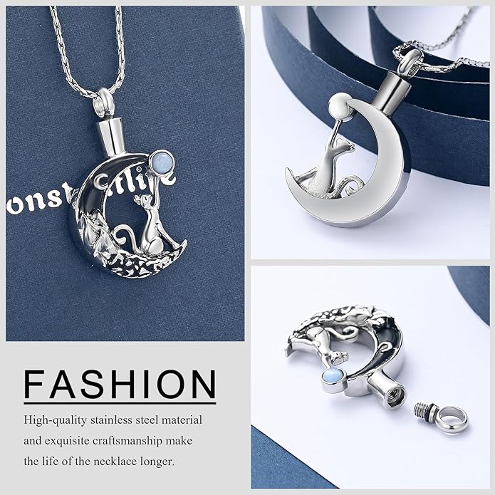 constantlife Cat Moon Urn Necklace for Women Pet Cremation Jewelry for Ashes Stainless Steel Pendant Funeral Keepsake Loved Ones Memorial Gift