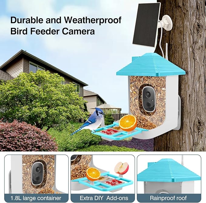 Smart Bird Feeder with Camera,AI Identify Species,Bird House with Solar Powered,Instant Arrival Alerts,2K Capture Video,Live View for Lover (Blue)