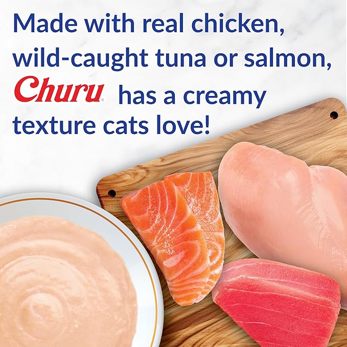 INABA Churu Cat Treats, Grain-Free, Lickable, Squeezable Creamy Purée Cat Treat/Topper with Vitamin E & Taurine, 0.5 Ounces Each Tube, 24 Tubes (4 per Pack), Chicken Recipe