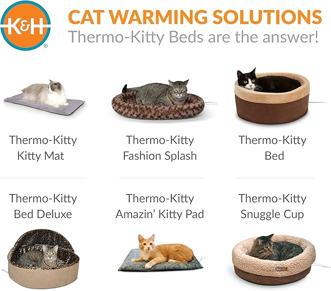 K&H Pet Products Heated Cat Bed Indoor, Thermo-Snuggle Cup Bomber Soft Heated Pet Bed for Large Indoor Cats and Small Dogs, Machine Washable, Waterproof Heated Pad, Safety Listed - 14x18in Gray