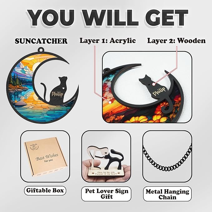 Cat Memorial Suncatcher Personalized Name Pet Ornament Window Car Hanging Sympathy Gift for Loss of Pet Bereavement Keepsake Remembrance Gifts for Cat Lovers Outdoor Decor