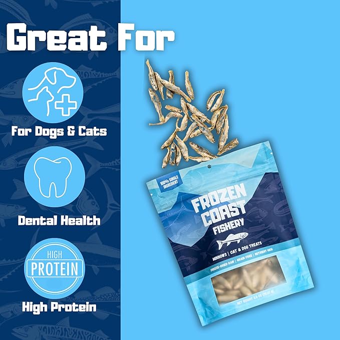 Frozen Coast Freeze-Dried Minnows Dog and Cat Treats-Single-Ingredient, All-Natural Fish, Grain-Free, High Protein Pet Treats, Sourced in The USA - 2.5 oz Bag