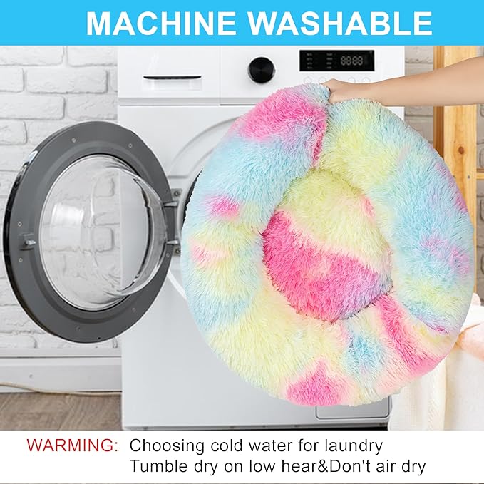 Dog Calming Beds for Small Medium Large Dogs - Round Donut Washable Puppy Dog Bed, Anti-Slip Faux Fur Fluffy Donut Cuddle Anxiety Cat Pet Bed(24'' Color)