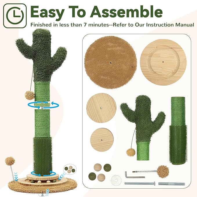OTOB 36" Tall Cat Cactus Scratching Post, Natural Sisal Rope Cat Scratcher Post, Vertical 6-in-1 Interactive Turntable Cat Scratch Post with Soft Ball Toys, Protect Your Furniture (Green/Brown)