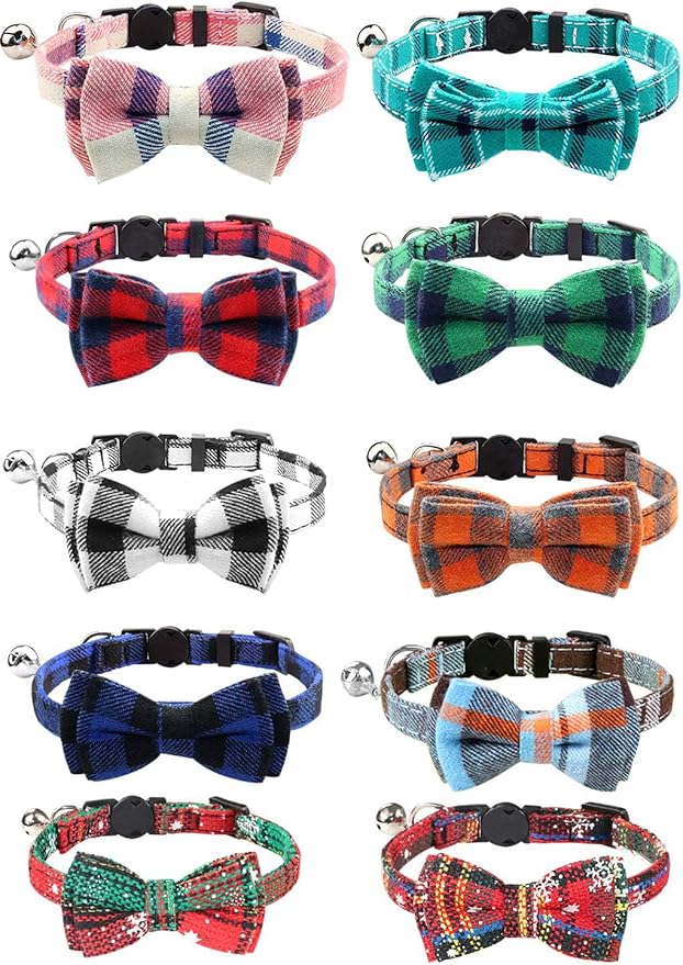 Joytale Upgraded Christmas Cat Collar with Bells, Breakaway Cat Collars with Bow Tie, 1 Pack Girl Boy Safety Plaid Kitten Collars, Christmas Green