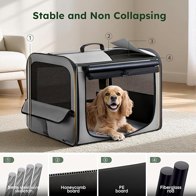 Large Dog Car Carrier Light Weight, 27×20.5×20.5ins Dog Carrier for Cars, Portable Dog Car Crate with Breathable Windows, Stable Pet Carrier for Both Indoor and Outdoor Use, Pet Travel Crate Gray