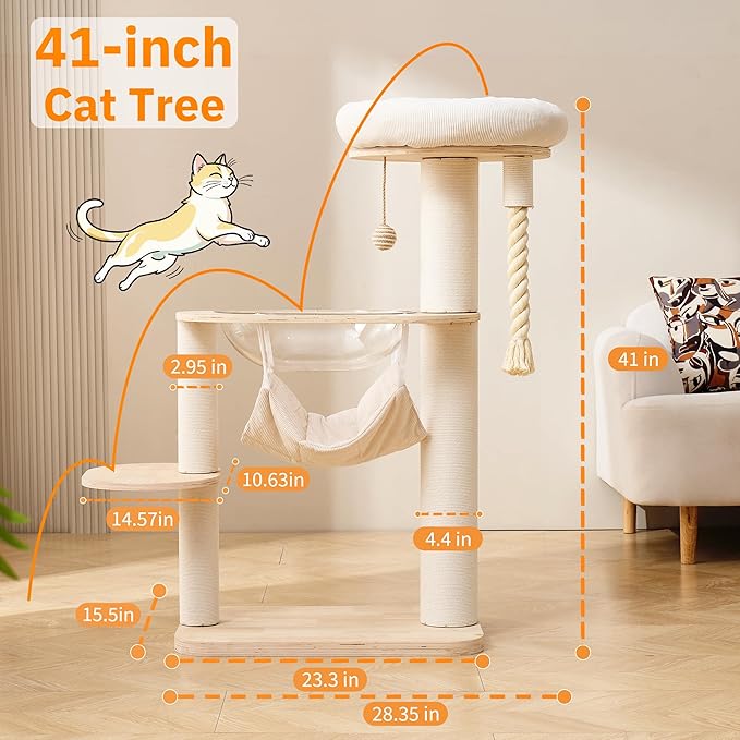 Modern Cat Tree Tower with Hammock for Indoor, Multifunctional 41-in Spacious Cat Tower with Bed, Space Capsule, Dangling Ball, Interactive Rope, Scratching Post