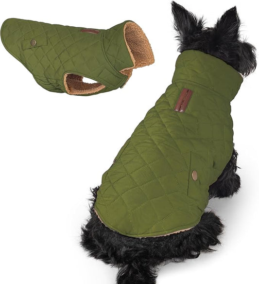 azuza Dog Jacket Waterproof & Windproof Dog Coat for Small Dogs with Thick Fleece, High Collar with Leash Hole, Adjustable Velcro & Elastic Belly, Army Green, S
