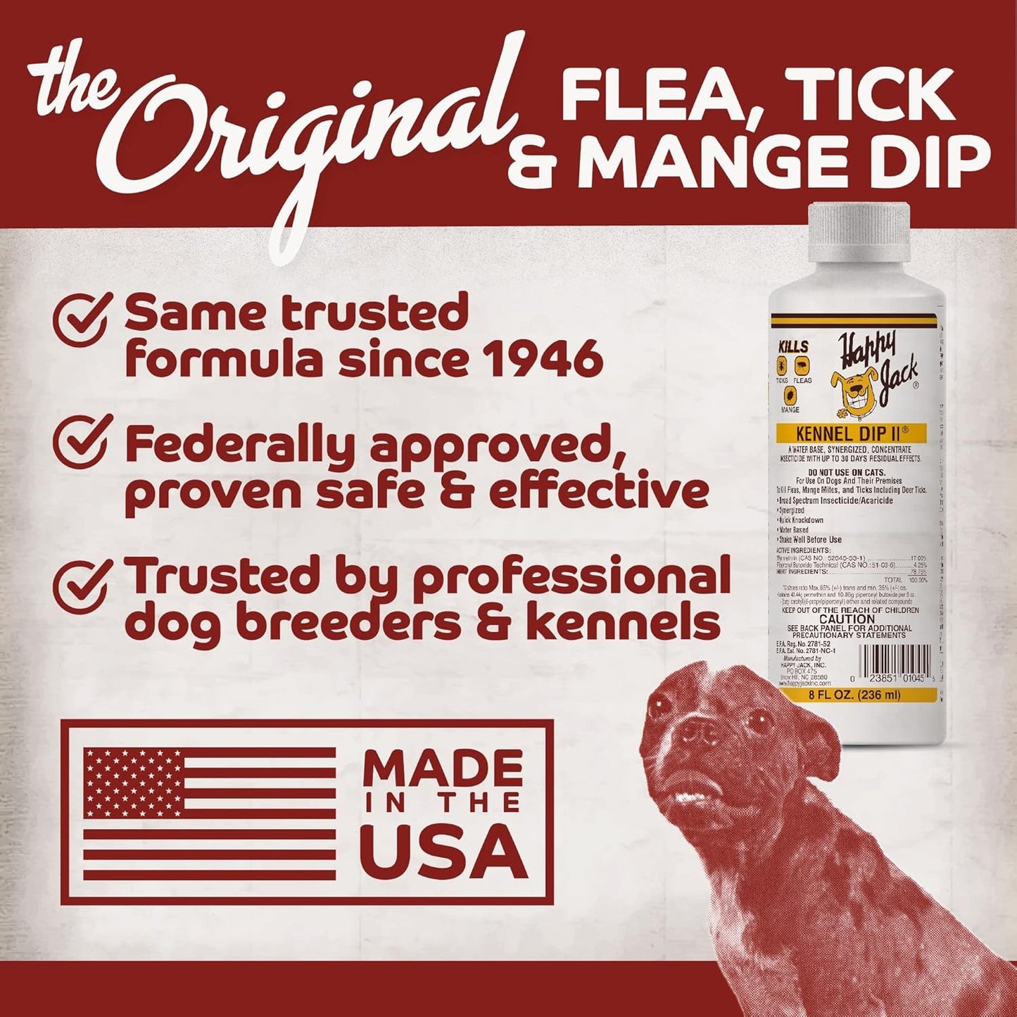 Happy Jack Kennel Dip Dog Flea and Tick Treatment & Prevention, Made in USA, Spray Yard & Home 30-Day Control, Kills Fleas, Ticks, Deer Ticks, Mange, Lice, for Puppies, Small to Large Dogs (16 oz)
