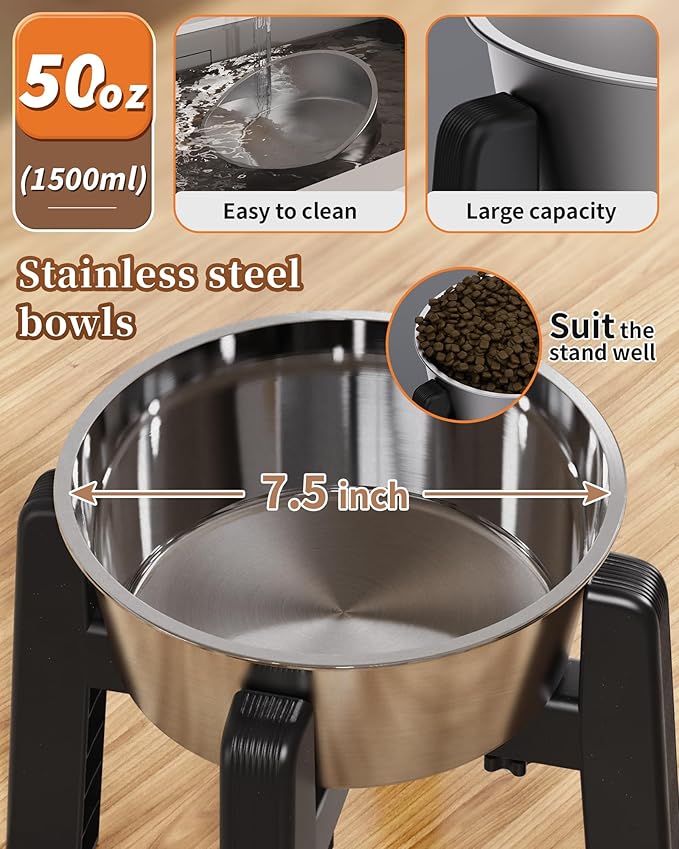 CZPET Elevated Dog Bowl, Raised Dog Bowl Stand with 51oz Stainless Steel Bowl Large Capacity, Size Adjustable & Anti-Slip Stand for Medium Dogs