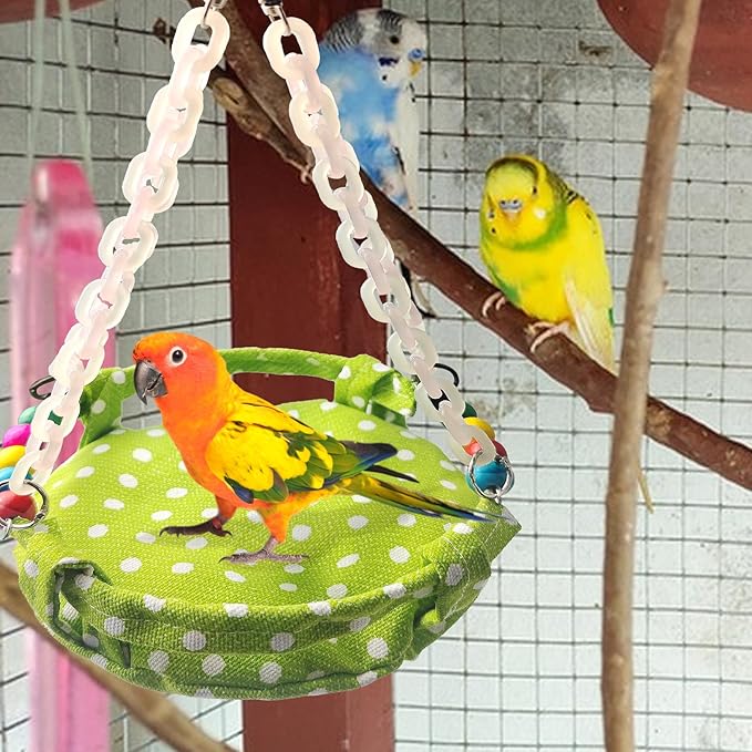 Hanging Parakeet Hammock,Medium Bird Beds for Cages Circle Bird Cage Hammock Swing,Green Cockatiel Sleeping Bed Nest Toy for Parrot Cockatoo Lovebird Conure