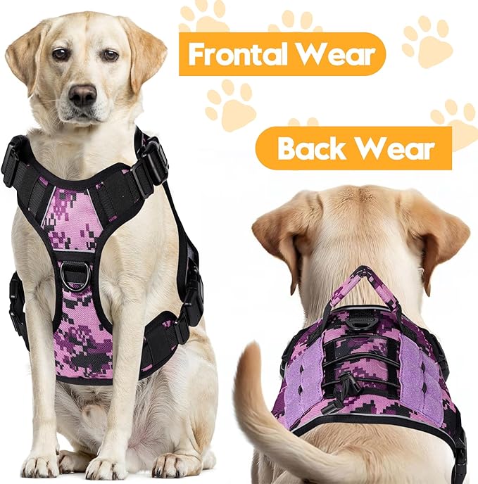 Heavy-Duty Tactical Dog Harness for Large Dogs, No Pull Adjustable Reflective Pet Vest with Molle System, K9 Military-Grade Control for Service Training, Outdoor & 10+ Breeds, Purple Camo, Small